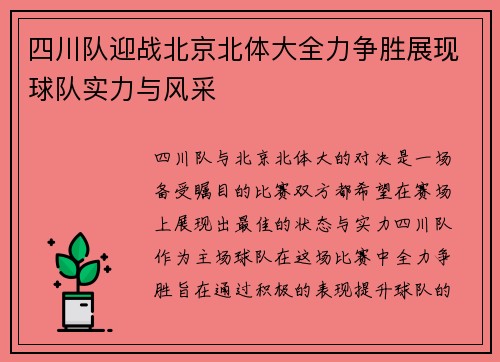 四川队迎战北京北体大全力争胜展现球队实力与风采 四川队迎战北京北体大全力争胜展现球队实力与风采