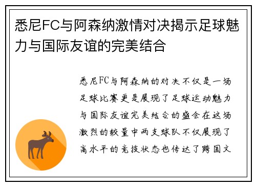 悉尼FC与阿森纳激情对决揭示足球魅力与国际友谊的完美结合 悉尼FC与阿森纳激情对决揭示足球魅力与国际友谊的完美结合